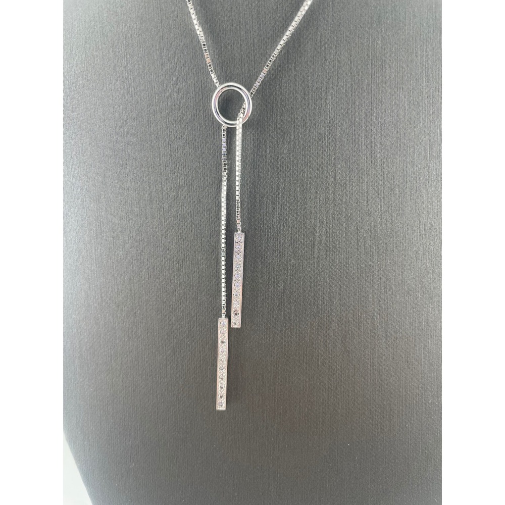 Sterling Silver CZ Lariat Y Necklace Adjustable Box‎ Chain Pavé Bar Drop Pendant - Picture 5 of 10